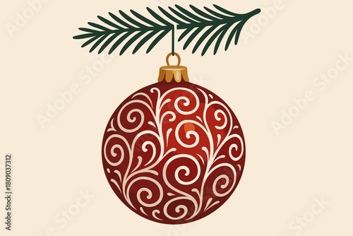 Elegant Christmas Bauble. Decorative Christmas bauble adorned with similar swirl patterns, hanging elegantly from a branch. The rich red and white color scheme. Vector illustration