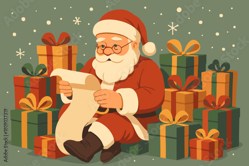 Santa's Cozy Reflection. Santa Claus sits comfortably, reading a list, enveloped by a pile of colorful gifts. His thoughtful expression is accentuated by the warm. Vector illustration