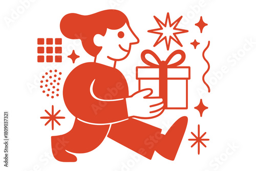 Festive Gift Design. A stylized figure with exaggerated features holds a gift, surrounded by abstract geometric patterns and star motifs. The vibrant red and white. Vector illustration