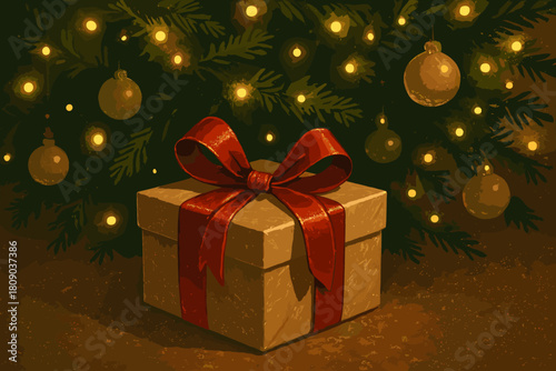 Christmas Gift Magic. Beautifully wrapped gift box with a shimmering red ribbon sits elegantly under a Christmas tree. The tree is adorned with twinkling lights and. Vector illustration