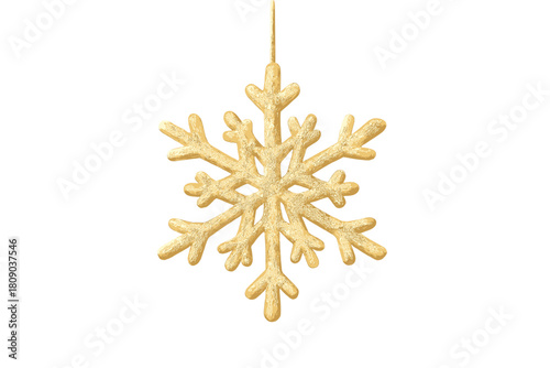 Golden Snowflake Ornament. Festive scene with a close-up of a golden snowflake ornament hanging delicately from a string. The background is a soft, icy blue,. Vector illustration