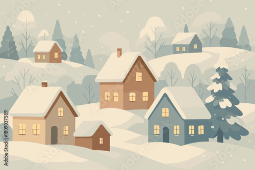 Winter Village Retreat. Scene depicting a winter village blanketed in snow, with quaint houses, glowing warmly from within. The snowy landscape features gently. Vector illustration