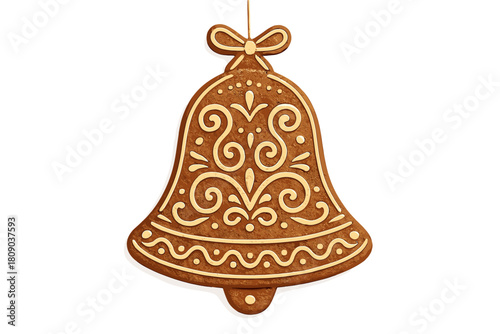 Gingerbread Bell Ornament. Gingerbread bell ornament, intricately decorated with white icing patterns. The bell hangs elegantly, with its symmetrical shape and. Vector illustration