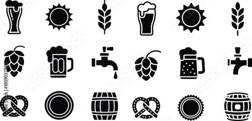 Beer icons sun wheat hops barrel pretzel tap lager