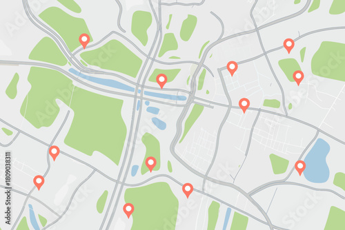 Digital urban map illustration with multiple location pin markers