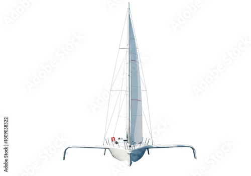 Isolated sailing trimaran yacht on water, front view with mast, sail and outrigger floats