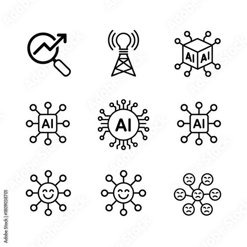 Artificial intelligence and data technology outline icons set