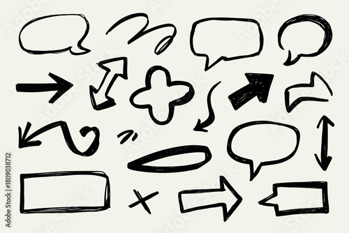 Hand drawn doodle arrows and speech bubbles graphic elements set