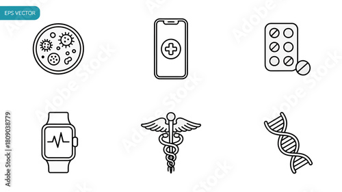 Outline medical healthcare technology vector icons set for health app.