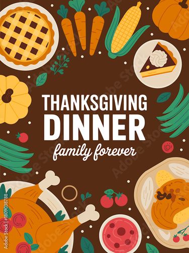 Thanksgiving dinner flat lay illustration with traditional food