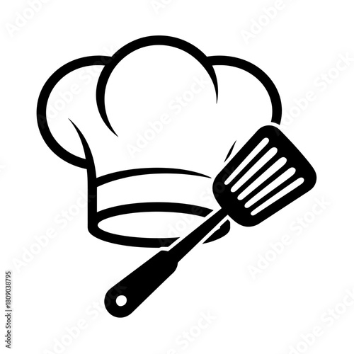 Chef hat and spatula kitchen utensil icon, cooking emblem logo