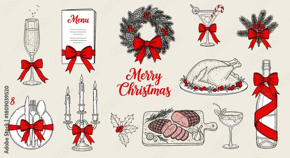 Naklejka premium Festive christmas dinner hand drawn illustration with red bows and decorations