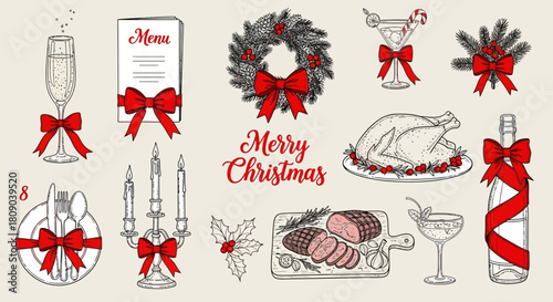 Festive christmas dinner hand drawn illustration with red bows and decorations