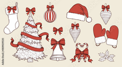 Hand drawn christmas elements with red bows and festive holiday decorations
