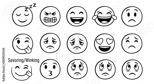 Hand drawn emoji set expressing different emotions and feelings