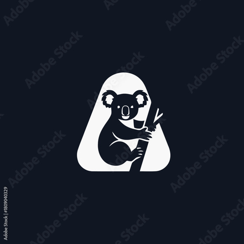 A stylized logo featuring a koala bear clinging to a tree branch inside a triangle.