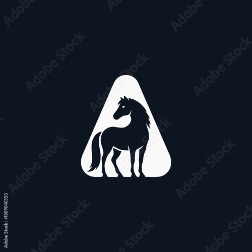 A minimalist black horse silhouette inside a white rounded triangle, perfect for a logo design.