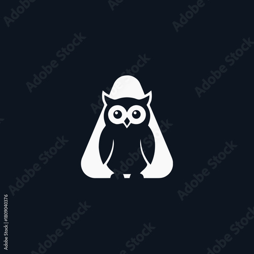 Minimalist black owl logo with large eyes against a white inverted A-shape on a dark background.