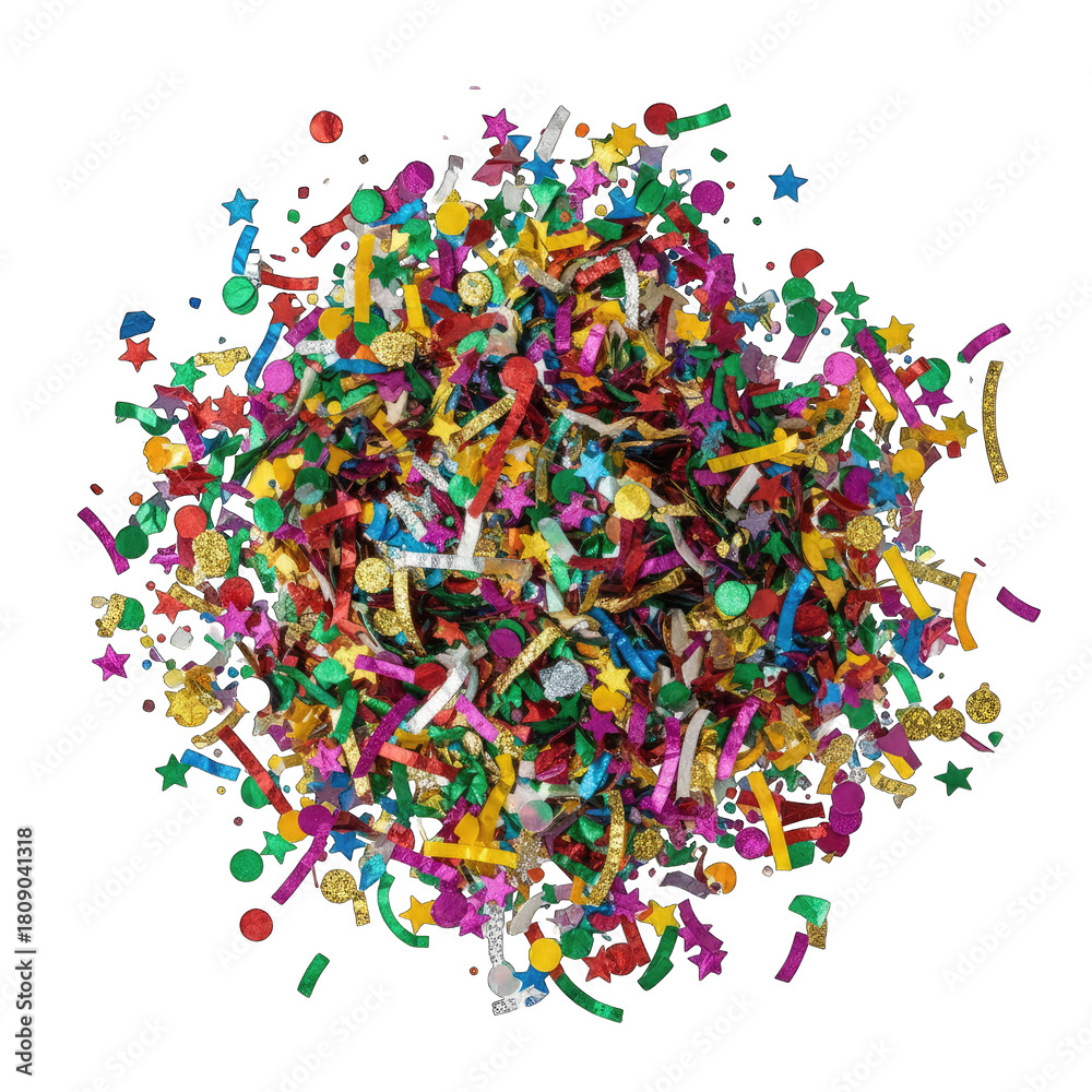 Fototapeta premium A Vibrant Pile of Colorful Confetti and Glitter Forms a Festive Celebration Background on Transparent Isolated Layer