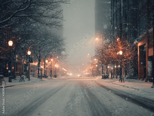 Modern City Street at Night with Snowfall and Christmas Lights