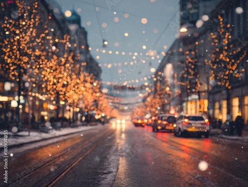Modern City Street at Night with Snowfall and Christmas Lights