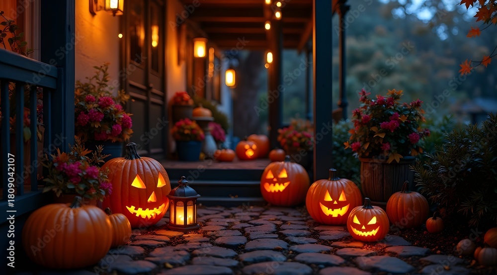 Obraz premium Pumpkin porch at night with glowing lantern decor 