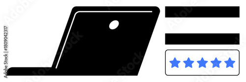 Black silhouette of a laptop alongside text bars and five blue stars highlighting user rating or feedback concept. Ideal for online reviews, digital evaluation, customer ratings, product feedback