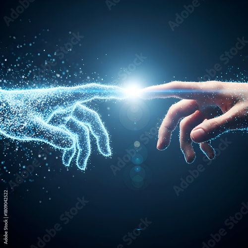 Digital and human hands reaching out to touch each other