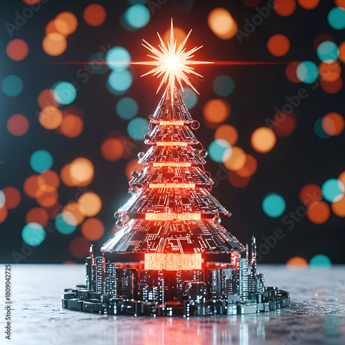 A futuristic christmas tree with city base and bokeh background
