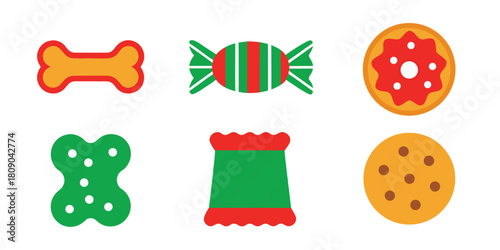 Dog bone candy donut dog treat snack cookie sweets food vector illustration set