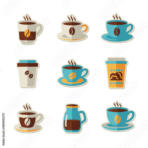 Flat design coffee cups and mugs vector icon set