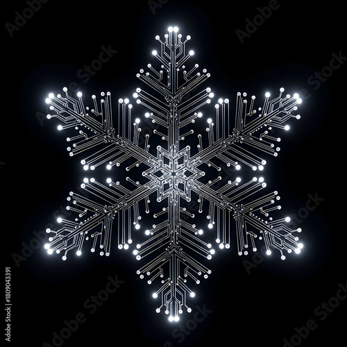 Digital snowflake with glowing circuit board pattern on black background