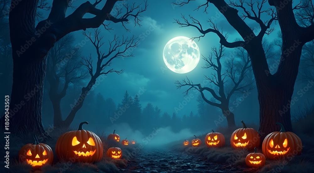 Fototapeta premium Moonlit spooky forest with glowing jack o’ lanterns 