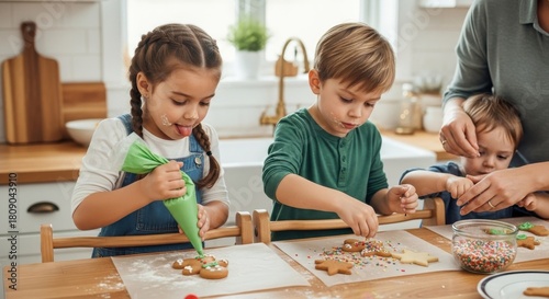 Children decorating Christmas cookies in kitchen