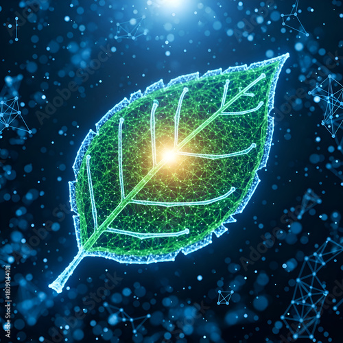 Digital leaf with interconnected network in green and blue color