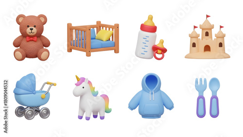 Baby items: teddy bear, crib, bottle, castle, stroller, unicorn, hoodie, and utensils.