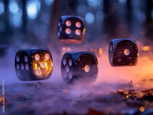 Floating dice game in forest mystical atmosphere fantasy photography