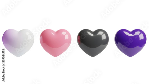 Four glossy heart-shaped objects in a row, each a different color, representing a concept.