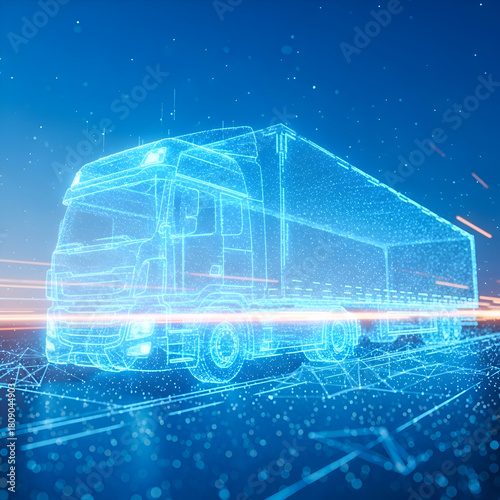 Futuristic truck with glowing blue lines and circuit patterns