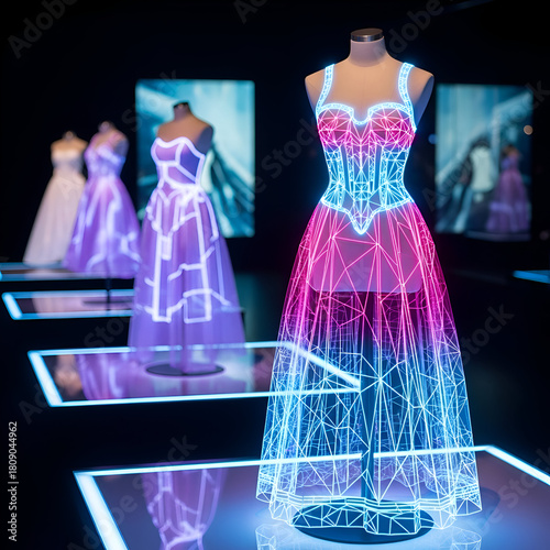 Futuristic dresses with glowing blue and pink lines on display
