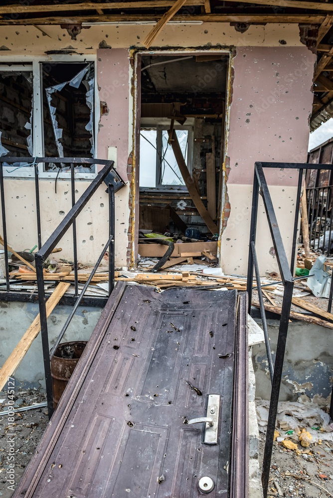 Fototapeta premium Railway cross, area of heavy fights with pro-russian separatists in Sloviansk during Russo-Ukrainian War in Donbas, Ukraine
