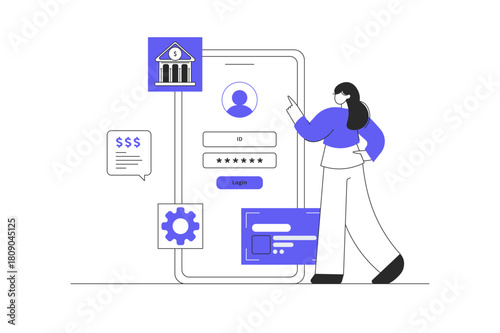 Mobile banking app. Online money transfers and transactions. Woman with credit card and login page on smartphone screen. Flat Cartoon Vector Illustration, icon Stylish abstract design landing page  