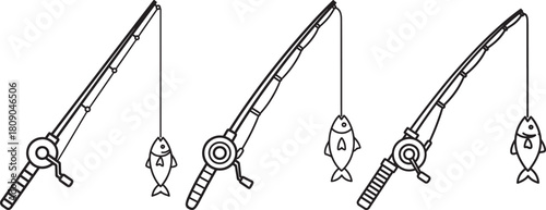 Three fishing rods with fish dangling silhouette