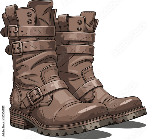 Create a air of weathered brown leather pirate or biker boots vector art with white background