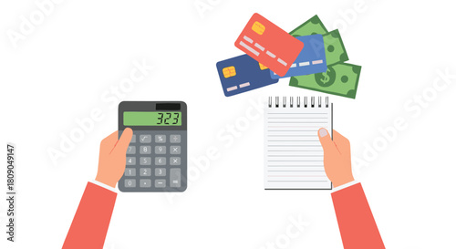 Hands Calculating Budget on Calculator with Credit Cards
