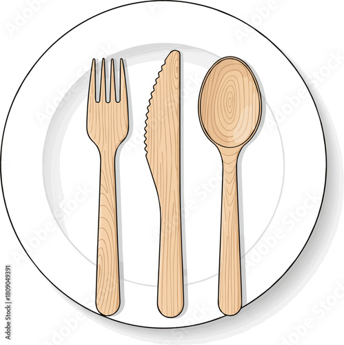 Create a Classic white plate with eco friendly wooden cutlery set vector art with white background..