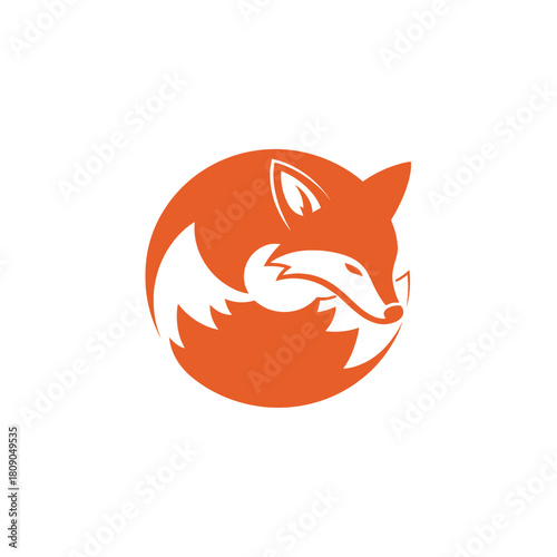 A modern and minimalist logo design of an orange fox curled up inside a circle on a white background.