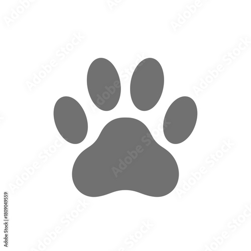 A simple grey animal paw print icon with five pads isolated on a white background.