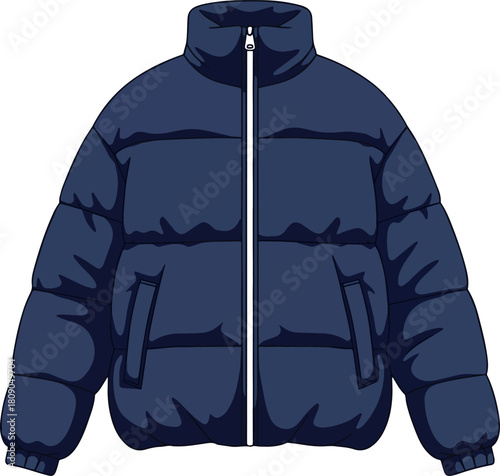Create a Dark blue puffer jacket for winter vector art with white background.