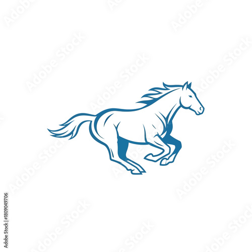 Blue line art illustration of a powerful horse galloping swiftly on a clean white background.